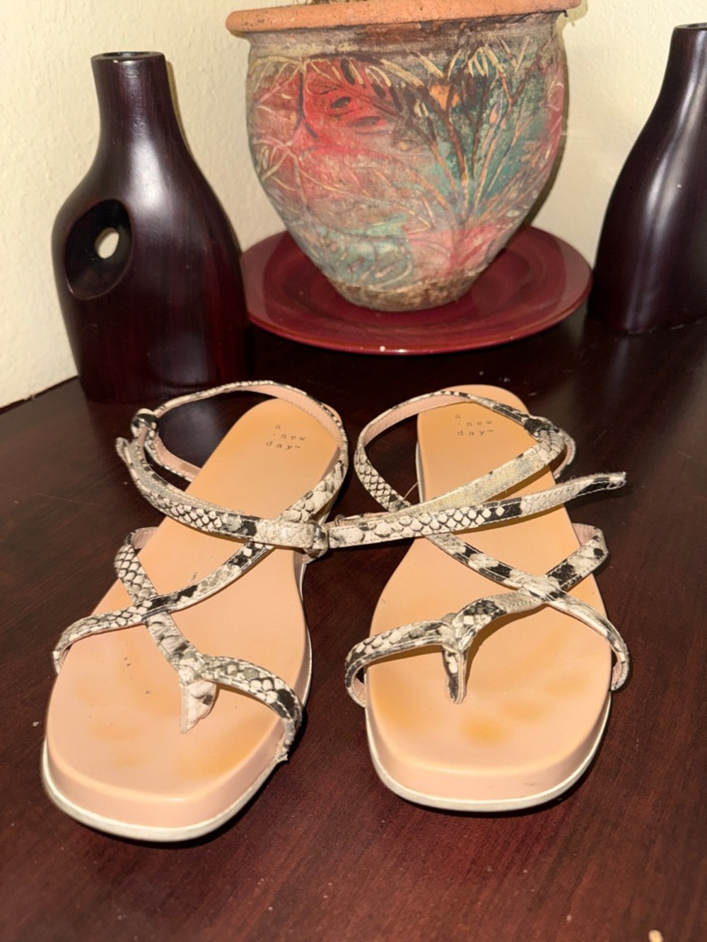 a new day Beige and Black Snake-Print Strappy Sandals - Picture 1 of 3
